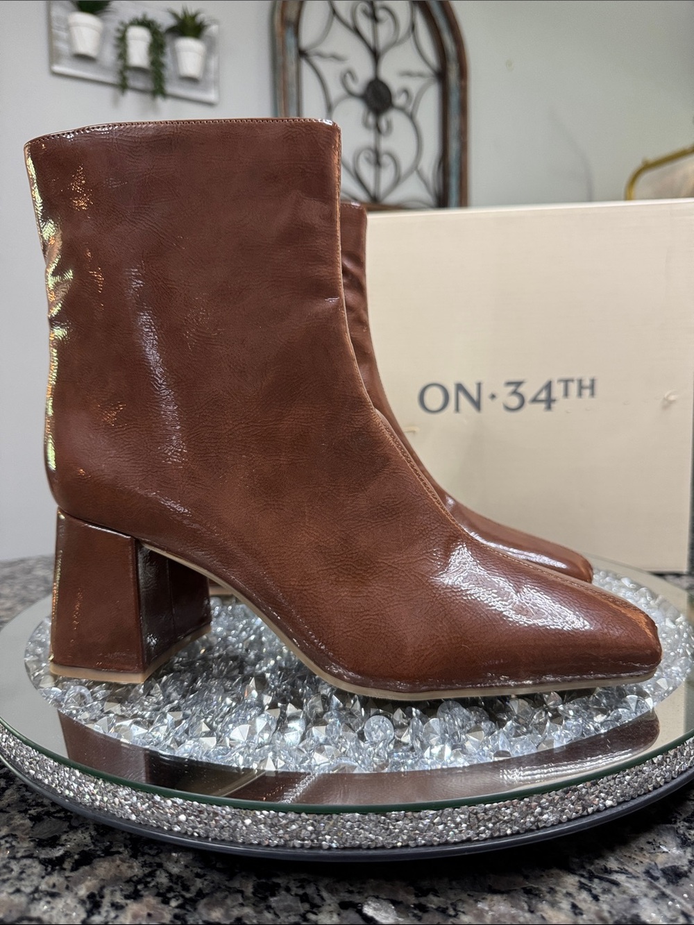 ON-34TH Women's Brown Patent Block Heel Ankle Boots NWT 10